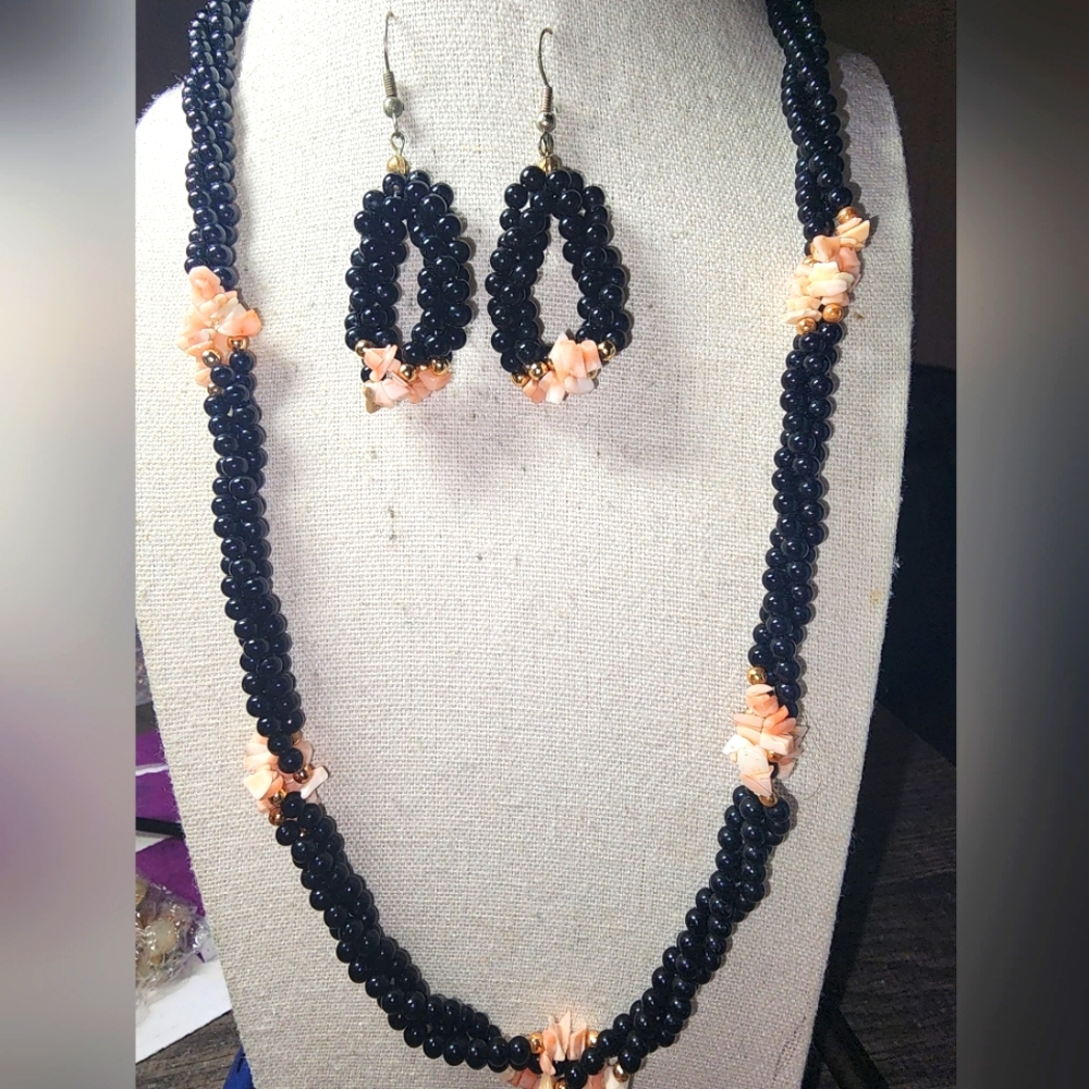 Vintage Triple Strand  Black Onyx and Peach Pink Coral Necklace and Earring Set